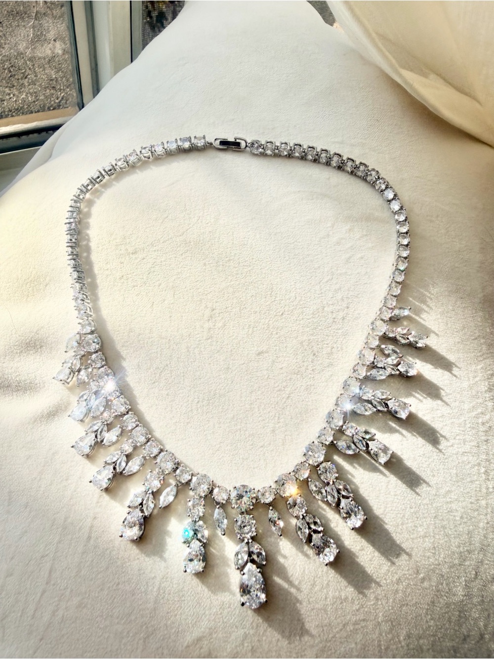 Cubic Zirconia Teardrop Fringe Statement Necklace Silver Tone Bridal